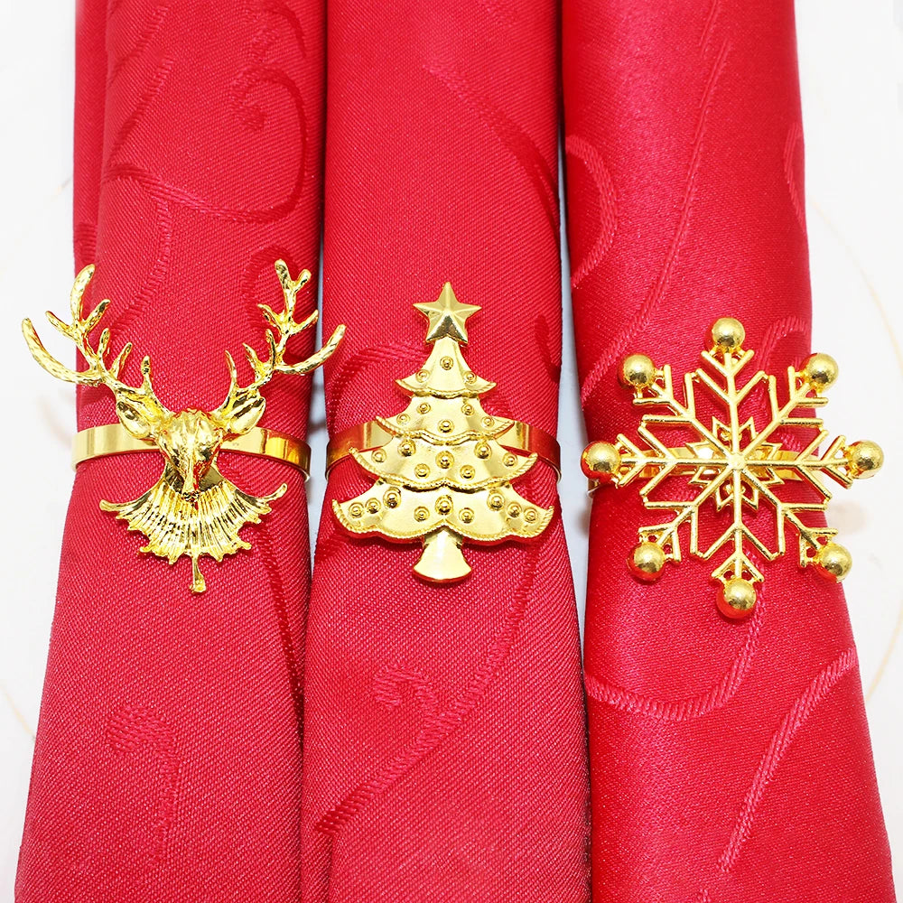 6Pcs Gold Christmas Napkin Ring Metal Snowflake Deer Serviette Buckle Xmas Tree Napkin Holder for Home Christmas Table Decor