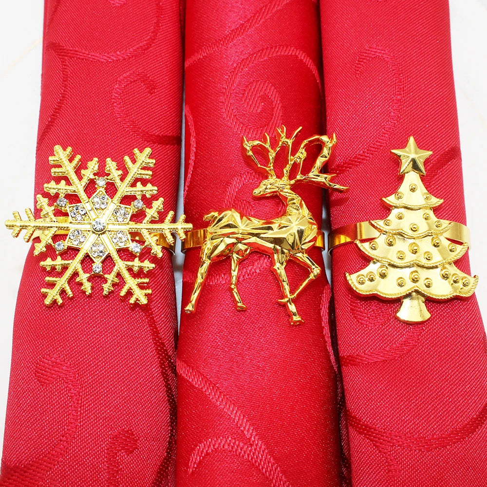 6Pcs Gold Christmas Napkin Ring Metal Snowflake Deer Serviette Buckle Xmas Tree Napkin Holder for Home Christmas Table Decor