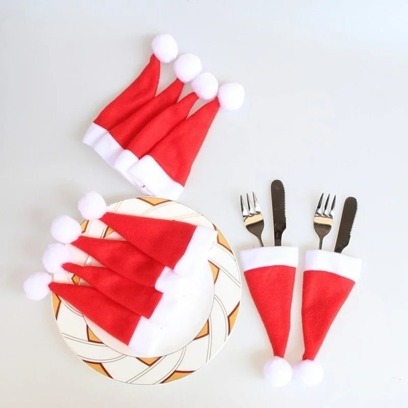 Merry Christmas Decoration 2023 Christmas Tableware Bag Holder Christmas Hat Fork Knife Cutlery Bag Christmas Ornament Decor