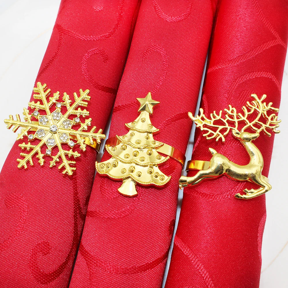 6Pcs Gold Christmas Napkin Ring Metal Snowflake Deer Serviette Buckle Xmas Tree Napkin Holder for Home Christmas Table Decor