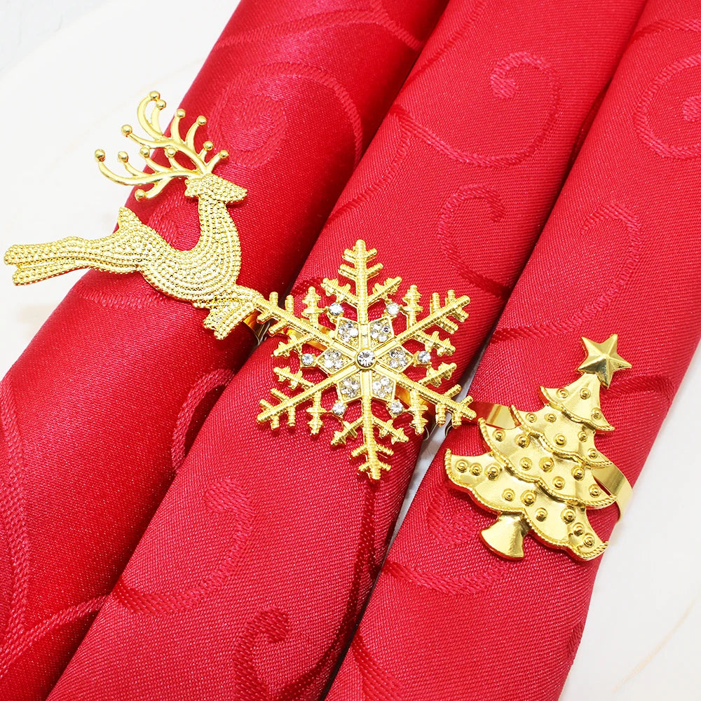 6Pcs Gold Christmas Napkin Ring Metal Snowflake Deer Serviette Buckle Xmas Tree Napkin Holder for Home Christmas Table Decor