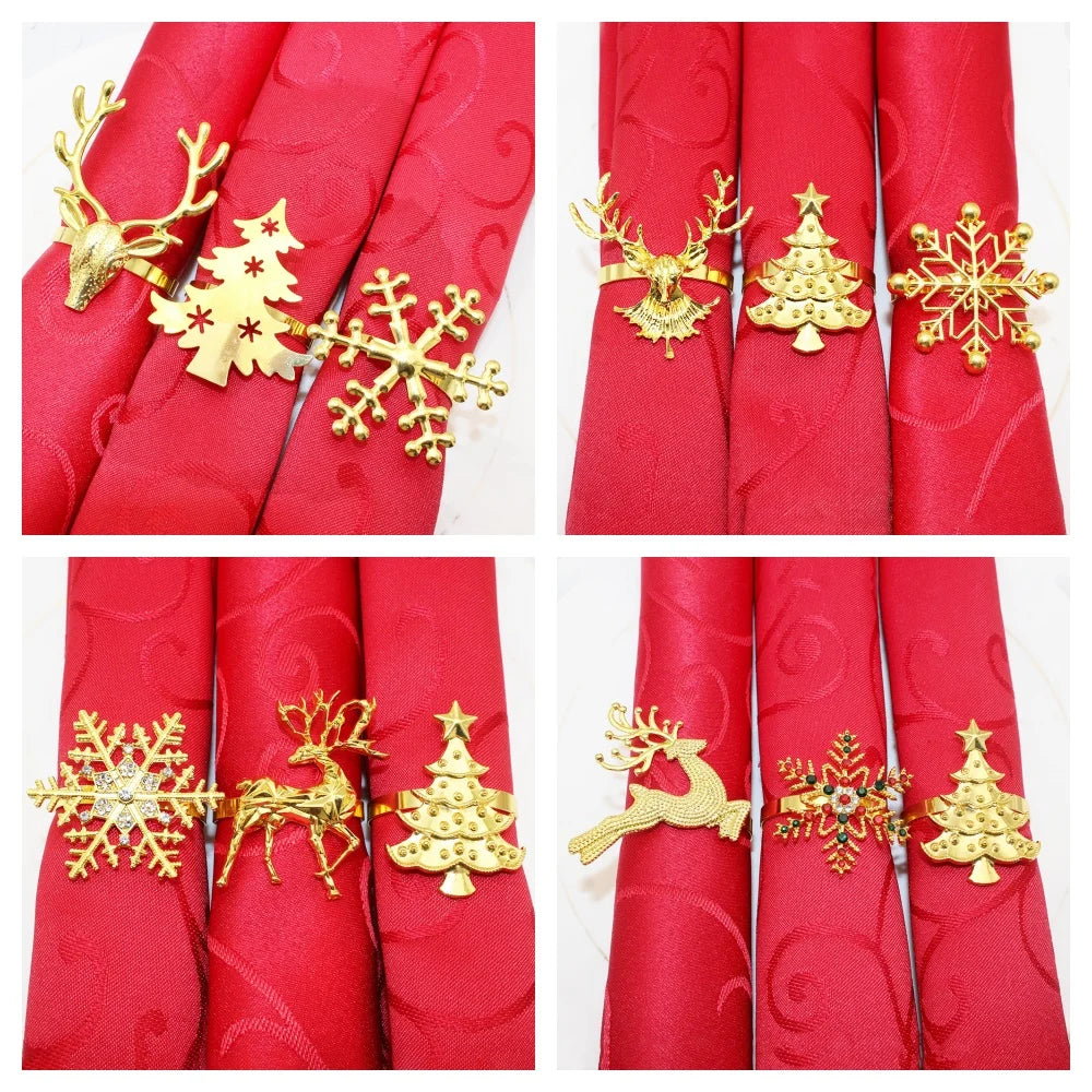 6Pcs Gold Christmas Napkin Ring Metal Snowflake Deer Serviette Buckle Xmas Tree Napkin Holder for Home Christmas Table Decor