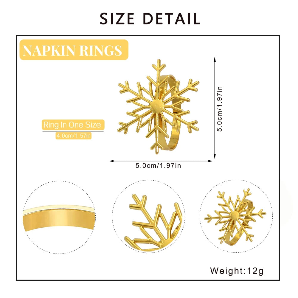 12Pcs Gold Snowflake Napkin Rings Christmas Napkin Holder Metal Serviette Buckle for Christmas New Year Wedding Party Table Deco