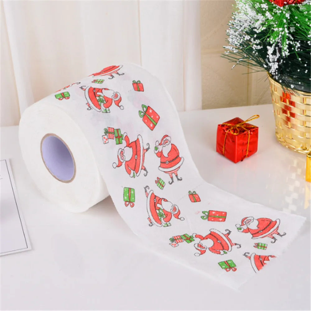 1Roll Christmas Toilet Paper Festival Theme Printed Wood Pulp Toilet Paper Festive Gifts Roll Santa Claus Reindeer Decor Supplie