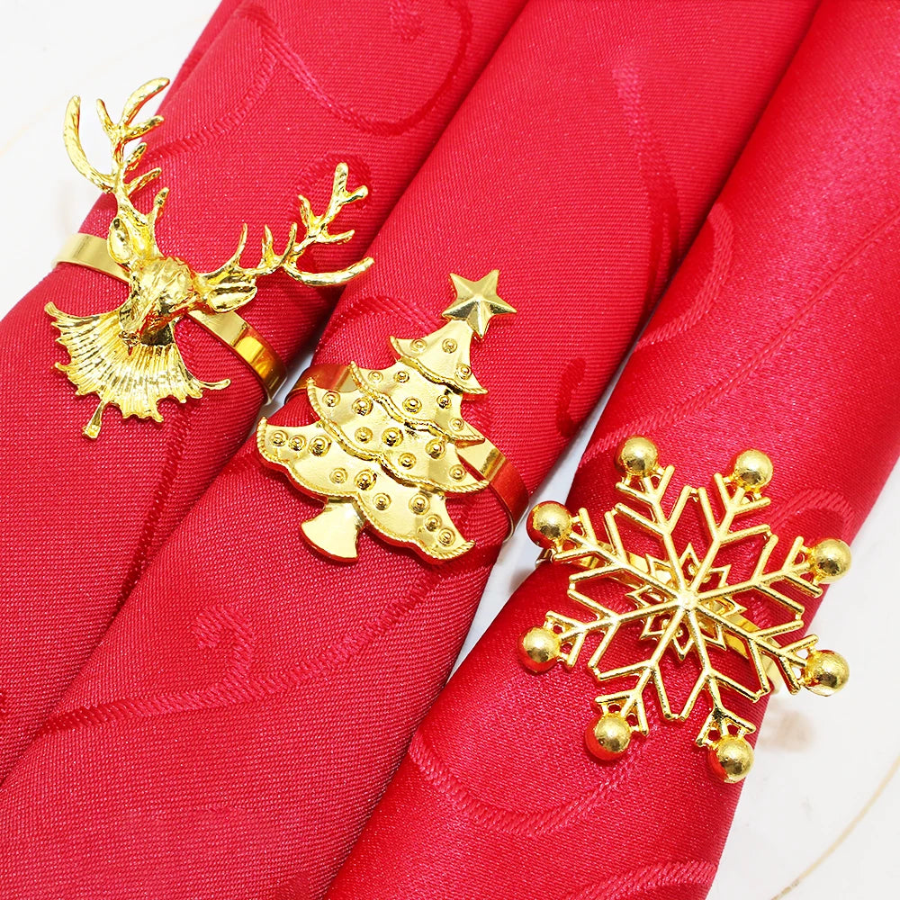 6Pcs Gold Christmas Napkin Ring Metal Snowflake Deer Serviette Buckle Xmas Tree Napkin Holder for Home Christmas Table Decor