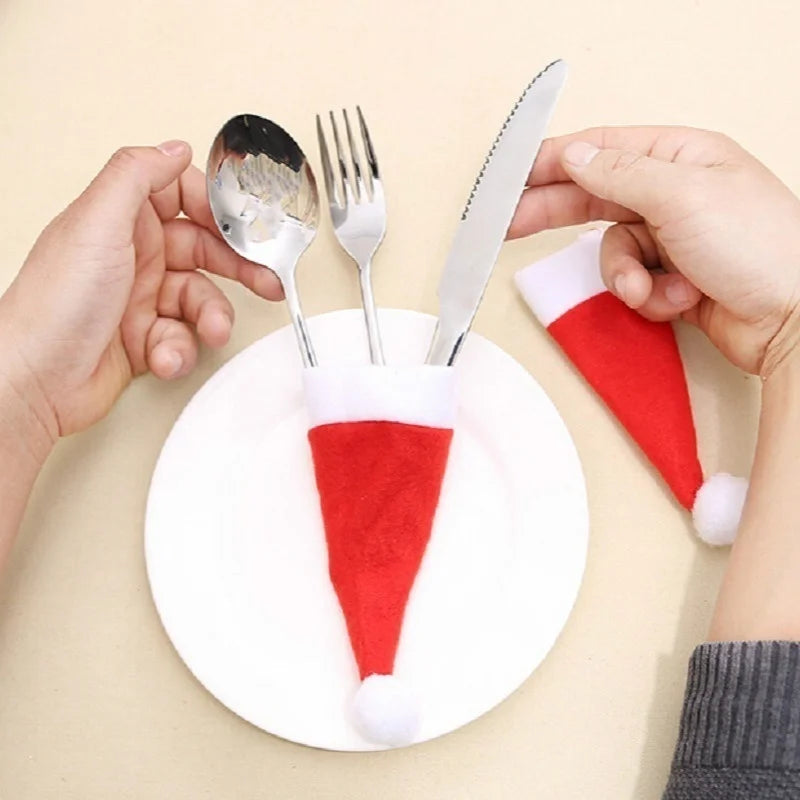 Merry Christmas Decoration 2023 Christmas Tableware Bag Holder Christmas Hat Fork Knife Cutlery Bag Christmas Ornament Decor