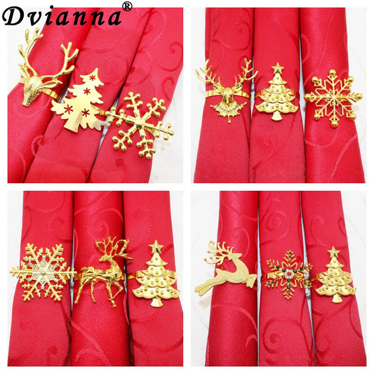 6Pcs Gold Christmas Napkin Ring Metal Snowflake Deer Serviette Buckle Xmas Tree Napkin Holder for Home Christmas Table Decor