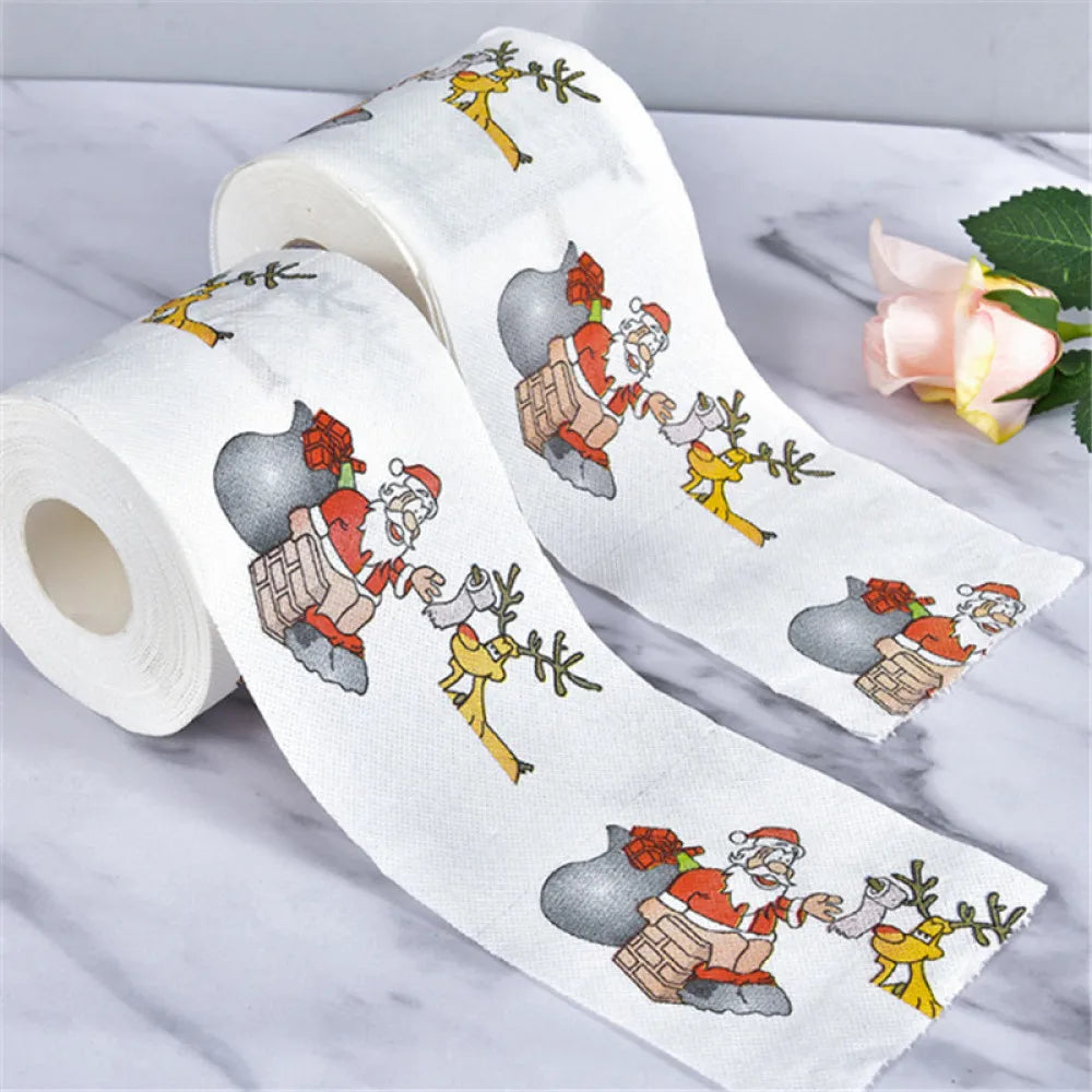 1Roll Christmas Toilet Paper Festival Theme Printed Wood Pulp Toilet Paper Festive Gifts Roll Santa Claus Reindeer Decor Supplie