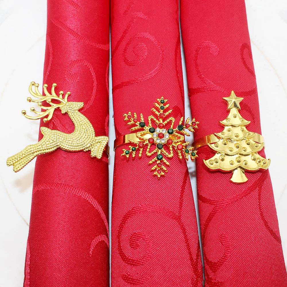 6Pcs Gold Christmas Napkin Ring Metal Snowflake Deer Serviette Buckle Xmas Tree Napkin Holder for Home Christmas Table Decor